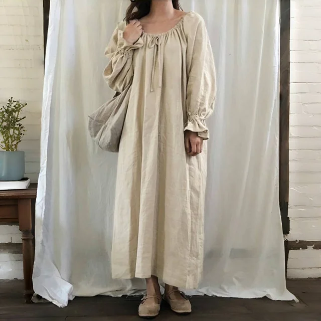 Vintage Cotton Linen Mori Dress Women Loose Drawstring Bell Long Sleeve Ruffles Maxi Dresses Retro Mori Girl Large Swing Skirt