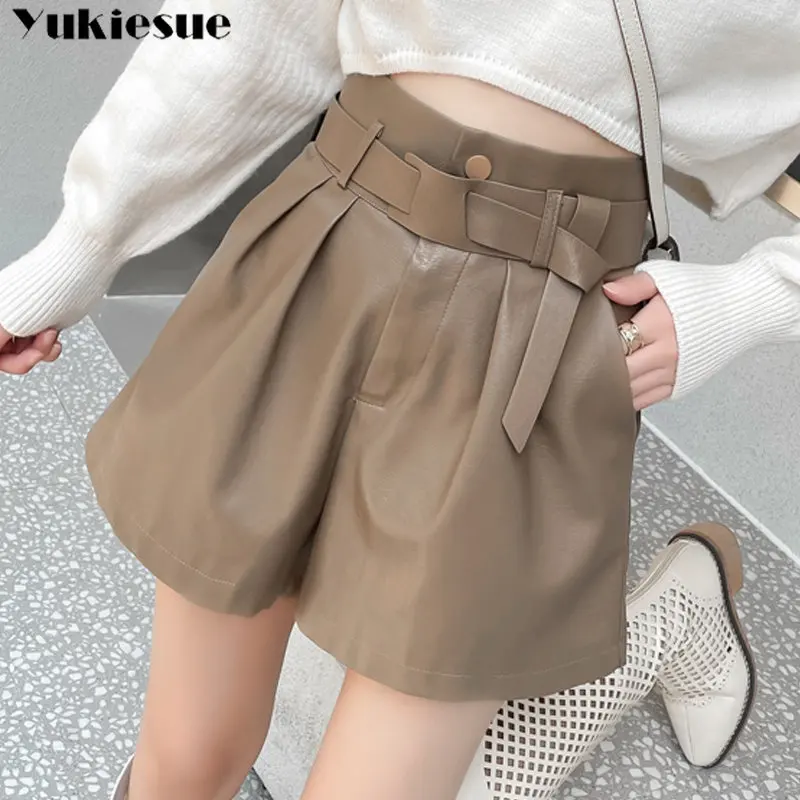 

Summer Korean Elegant Sexy High Waist Wide Leg Shorts With Belt Streetwear Fashion PU Leather Women Pocket Ladies Advanced Sense
