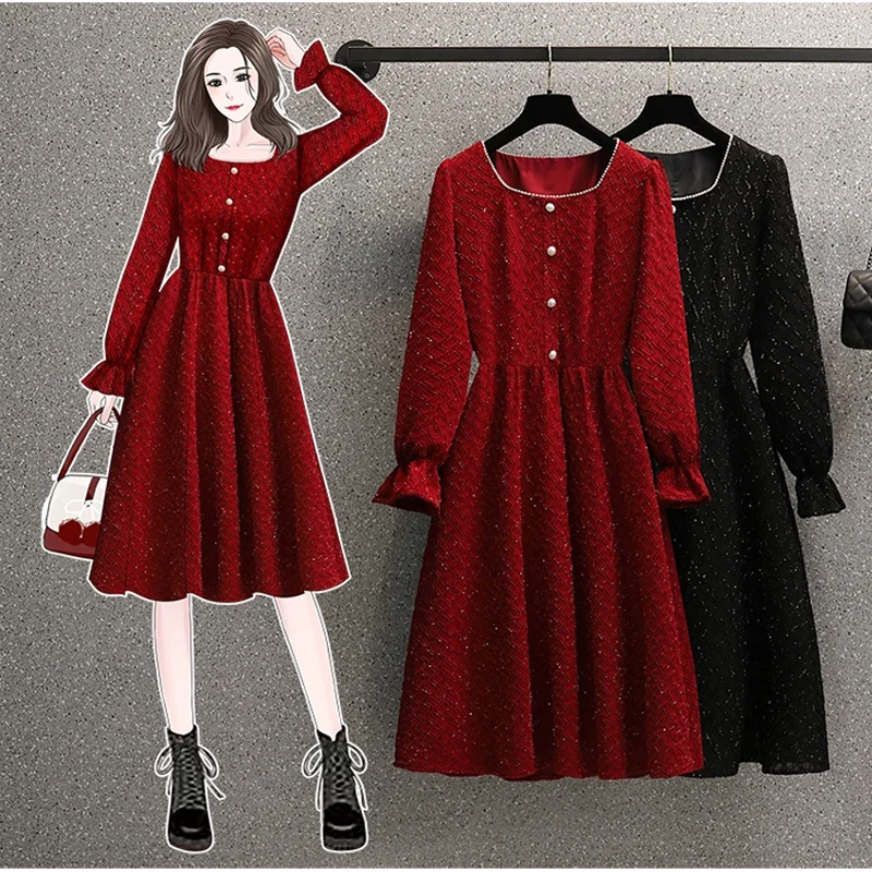 

Casual Long Dresses For Women 2023 Female Large Size4XL Autumn Winter Loose Black Red Square Collar A Line Elegant Party Vestido