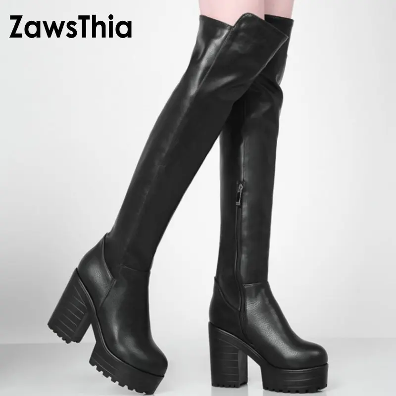 

QPLYXCO PU platform chunky high heels female shoes white black women winter boots over the knee high long boots plus size 42 43
