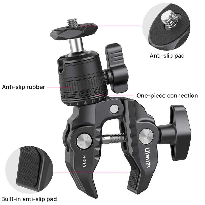 Ulanzi R099 Super Clamp With 360° Mini Ball Head Magic Arm Clip 1/4 Screw Hole for GoPro DSLR Camera Monitor LED Light Mic