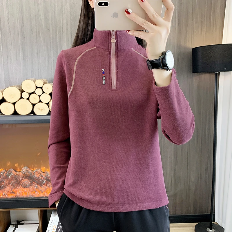 여성용 야외 양털 두꺼운 탑 스탠드 업 칼라 탑 여성용 따뜻한 긴팔 셔츠 스웨터 가을 하이킹 편안함