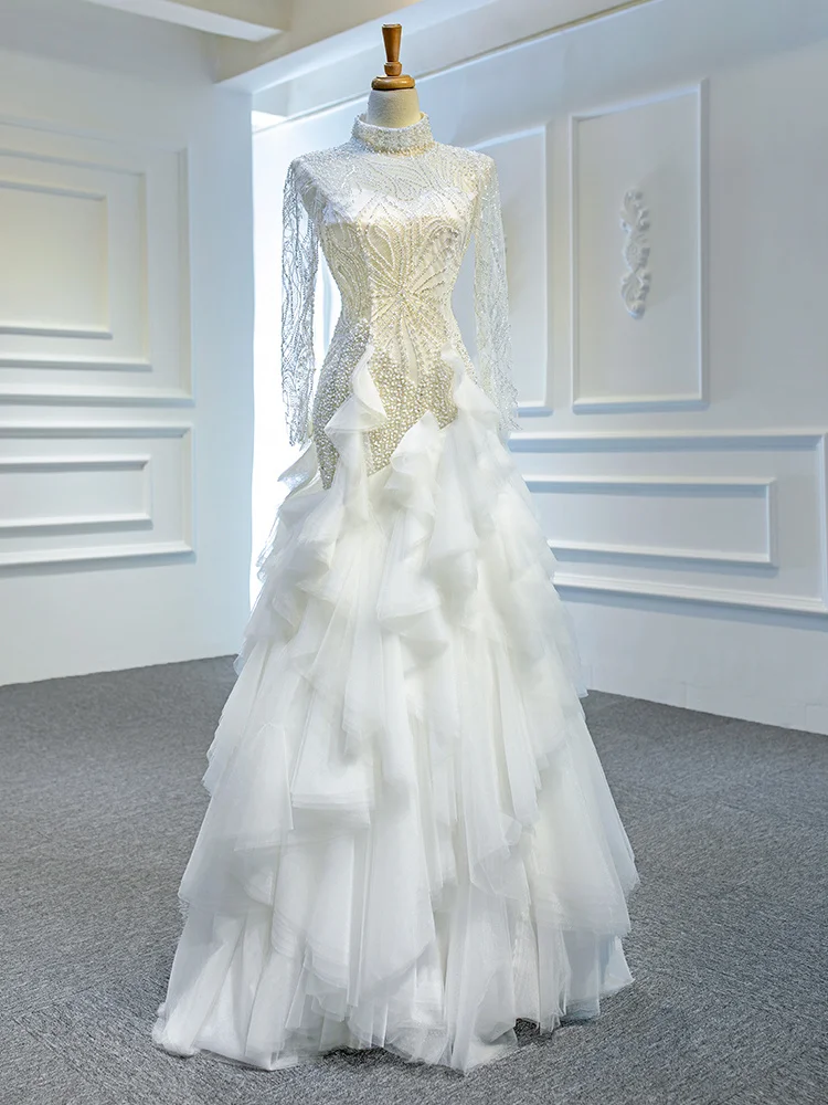 

A-Line Modern Simple High Neck Lace Wedding Dresses Lace Up Back Long Sleeve Tulle Beach Bridal Gowns Bespoke Occasion Dresses