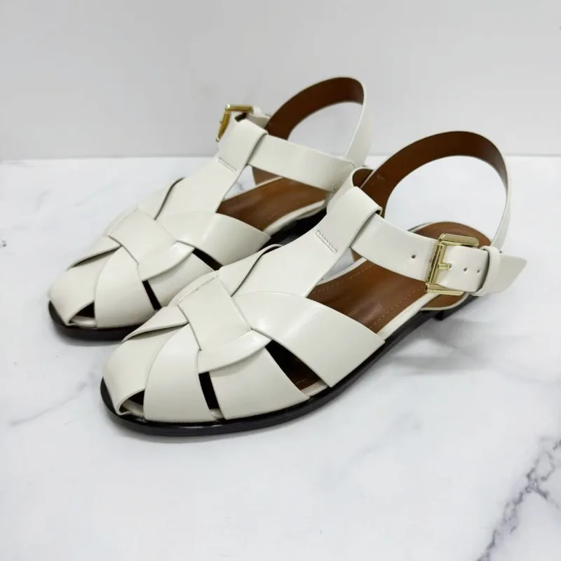 Brown Gladiator For Women 2026 New Summer Retro Woven Closed Toe Flat Sandals Comfort Buckle Strap Shoes_vogvips.com