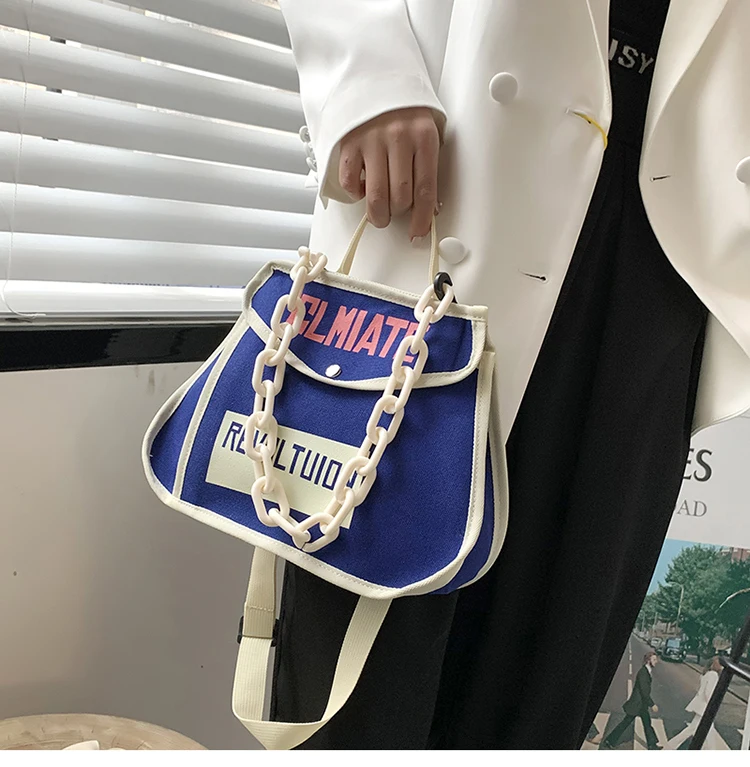 Canvas Women's Shoulder Bag Chain Casual Totes Contrast Color Ladies Crossbody Bag Trend Letter Print Fashion Designer Handbags