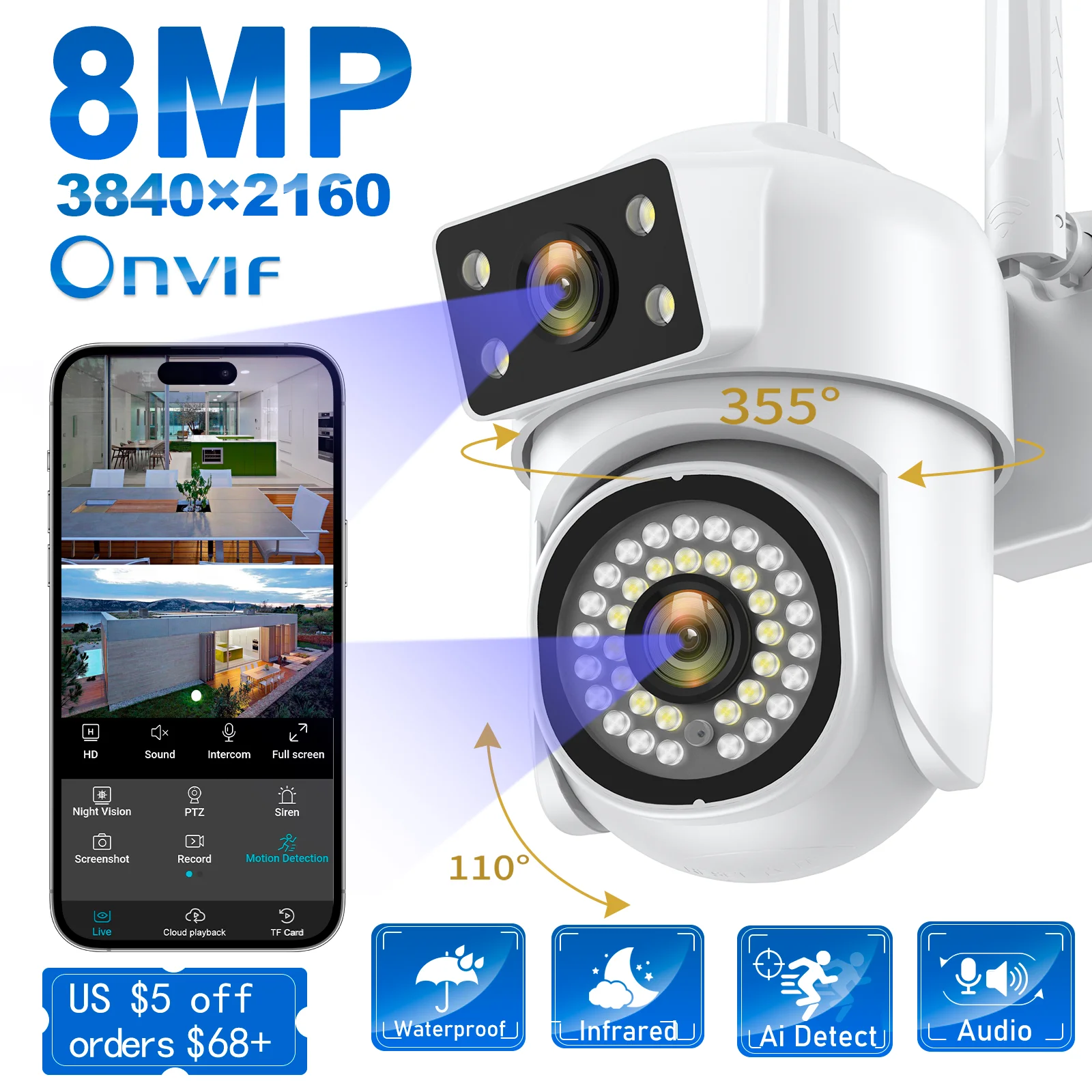 Outdoor 8MP WIFI Cameras AI Motion Tracking IP Camera Security Surveillance Night Vision Full Color Wireless Waterproof CCTV Cam 5g yi iot 5mp wifi security camera outdoor ptz camera motion detection auto tracking color night vision surveillance cameras