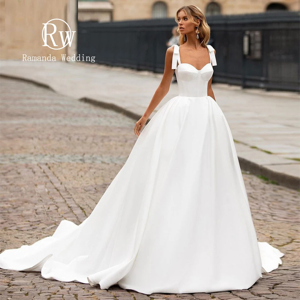 

Ramanda Simple Satin Square Collar Spaghetti Straps Wedding Dress For Bride Sleeveless A-Line Bridal Gown Robe De Mariée