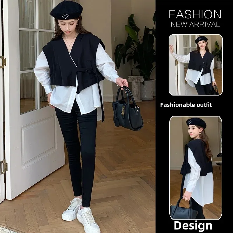 Autumn Winter Maternity Shirt Set with Pencil Pants Fake Two-Piece Design Belly Support Fashionable And Comfortable