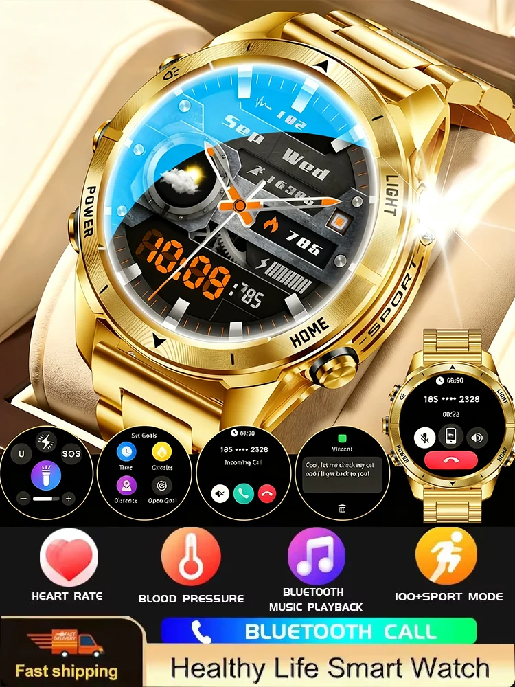 שעון חכם זהב לגברים: מסך AMOLED בגודל 1.46 אינץ', פנס LED, סוללת 515mAh, עמיד במים עד 10ATM, שיחת בלוטות'