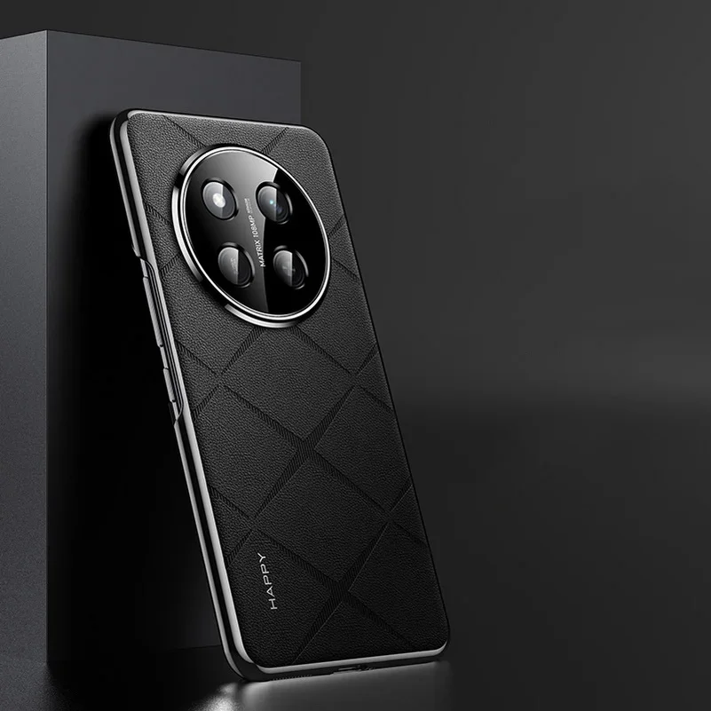 Luxury Leather Phone Cover with Plating Camera Lens Protection and Hard Back Case Bumper