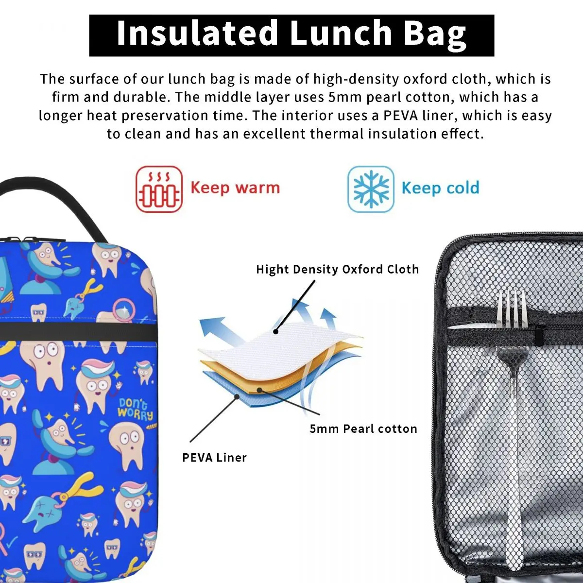 Custom Dental Teeth Pattern Lunch Bag Men Women Cooler Warm Insulated Lunch Boxes for Kids School