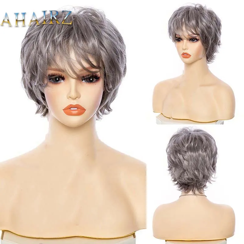 

Short Pixie Cut Silver Gray Synthetic Wigs Natural Straight Layered Wig with Fluffy Bangs for Women Daily Heat Resistant Hair