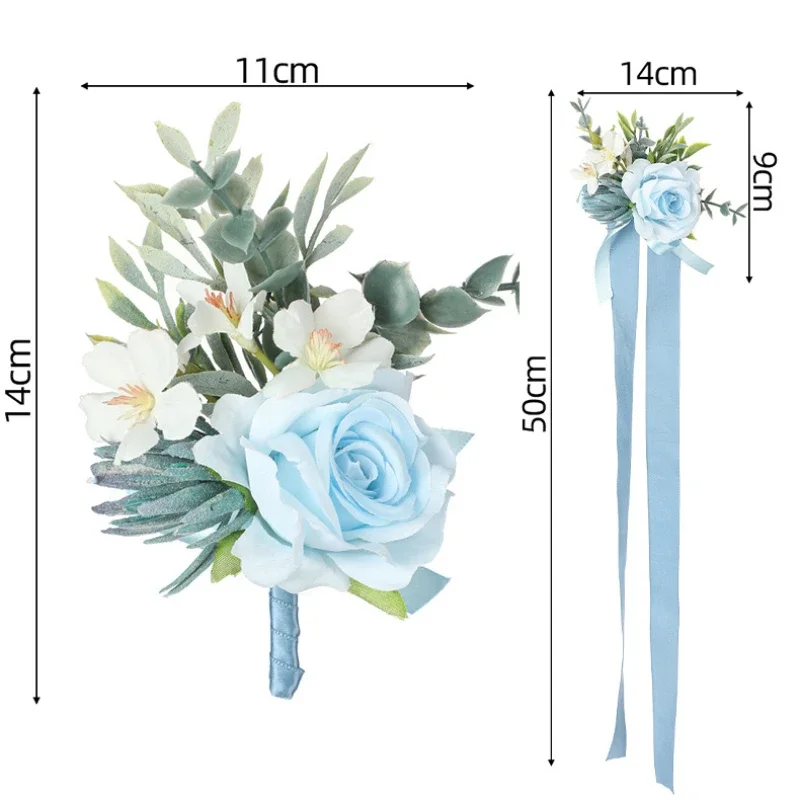 Set Bouquet Da Polso E Fiore All'occhiello – Rosa Artificiali – Blu Scuro – Per Matrimonio E Damigelle - 3
