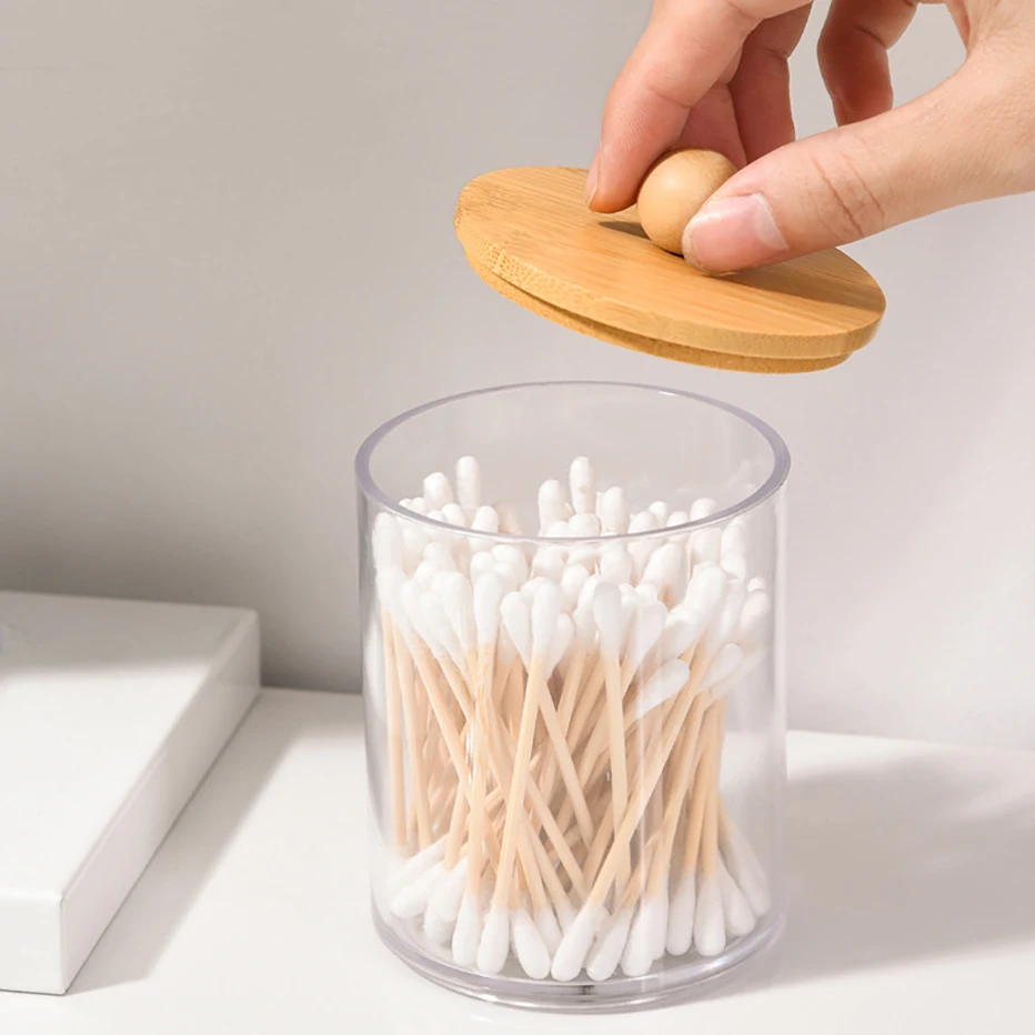 1/3pcs Qtip Holder Dispenser with Bamboo Lid Clear Black Cotton Ball Swab Cotton Round Pads Bathroom Apothecarey Jar Set 5