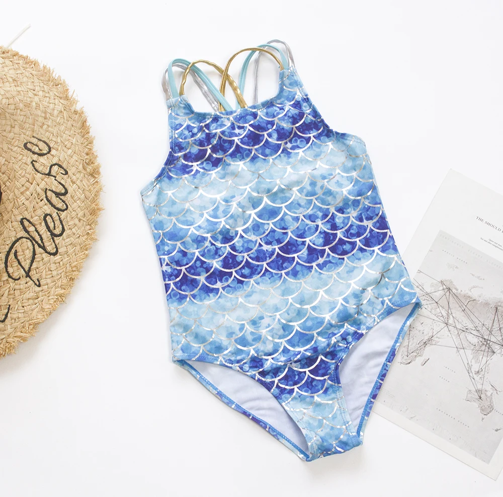 5-14Y Girls Kids Swimsuit New One Piece Swimwear Fish Scale Children's Swimwear Gradient Print One Piece Swimsuit for Girls