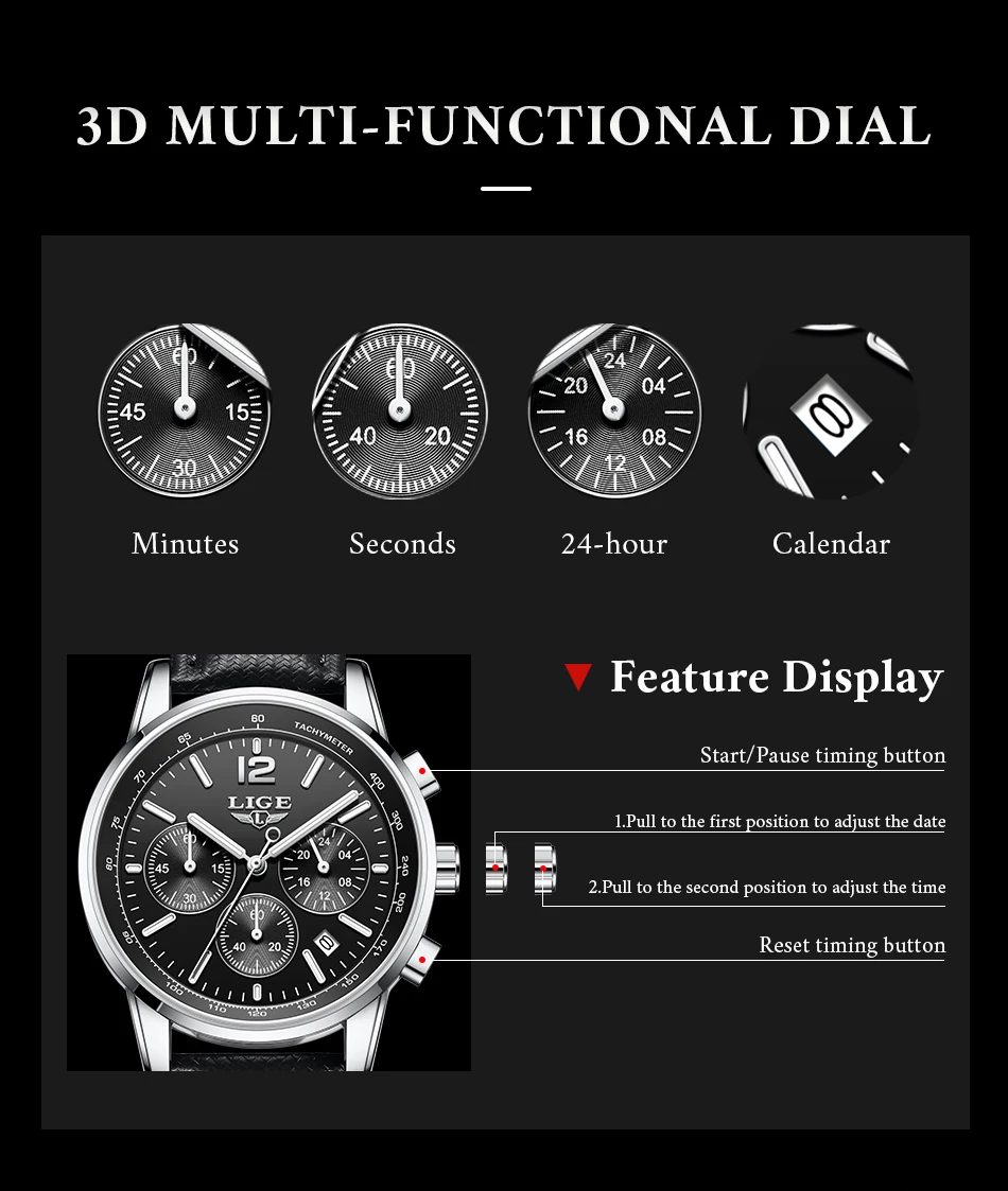 Luxury Men's Leather Watch - LIGE Chronograph Sport Waterproof with Gift Box