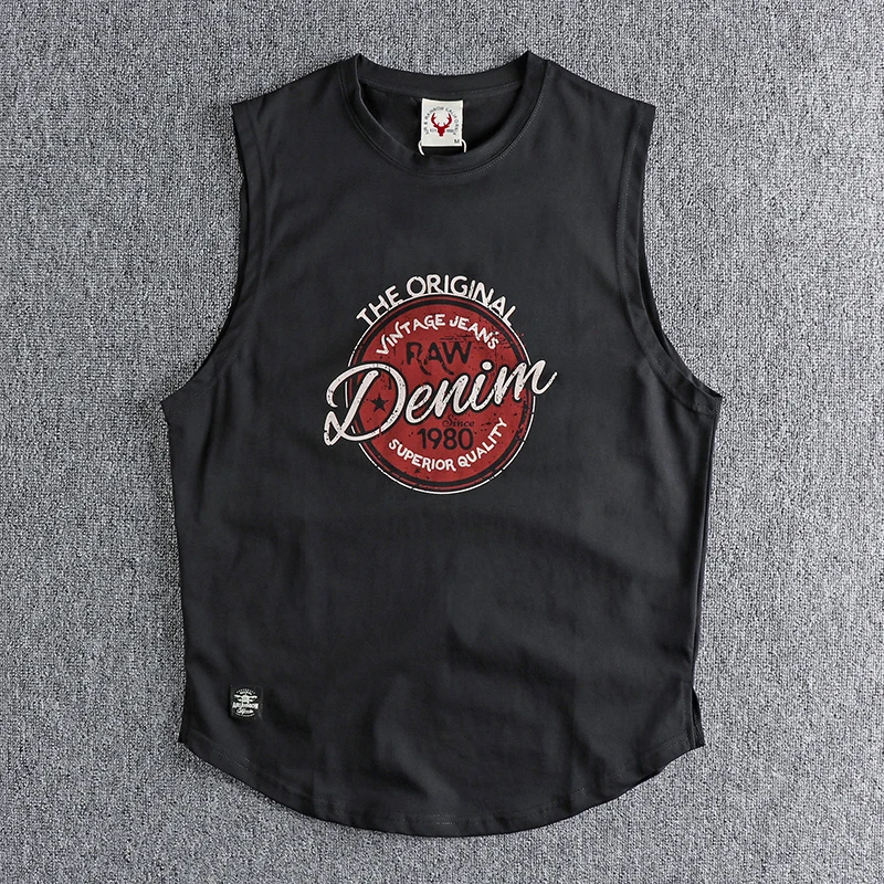 Vintage lettered printed sleeveless tank top men's washable cotton is