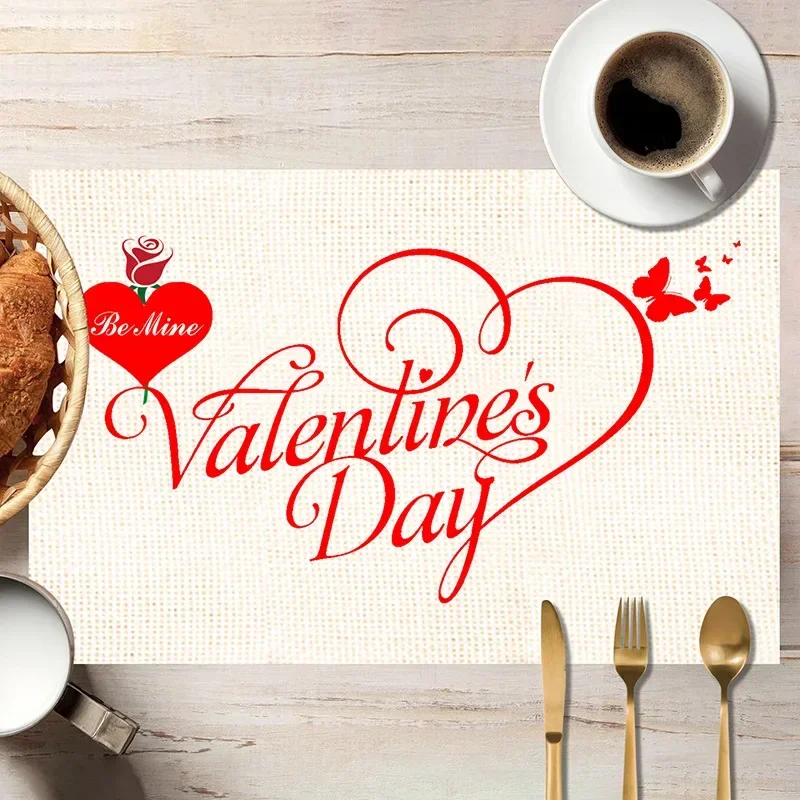 

32x45cm Valentine's Party Linen Placemat Insulated Square Dining Mat Love You Happy 2024 Valentine's Day Tableware Mat