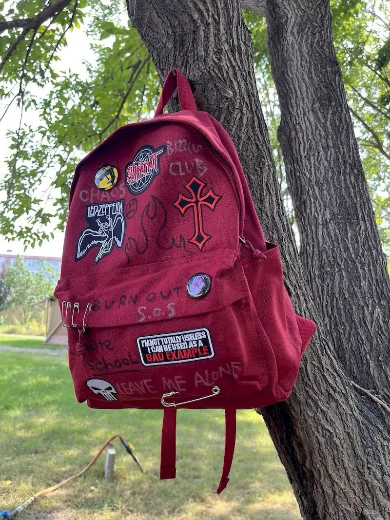 Wine Red Rock Punk Y2K Backpacks Student Large Capacity Casual Backpack For Men And Women 2025 New In Bag 5