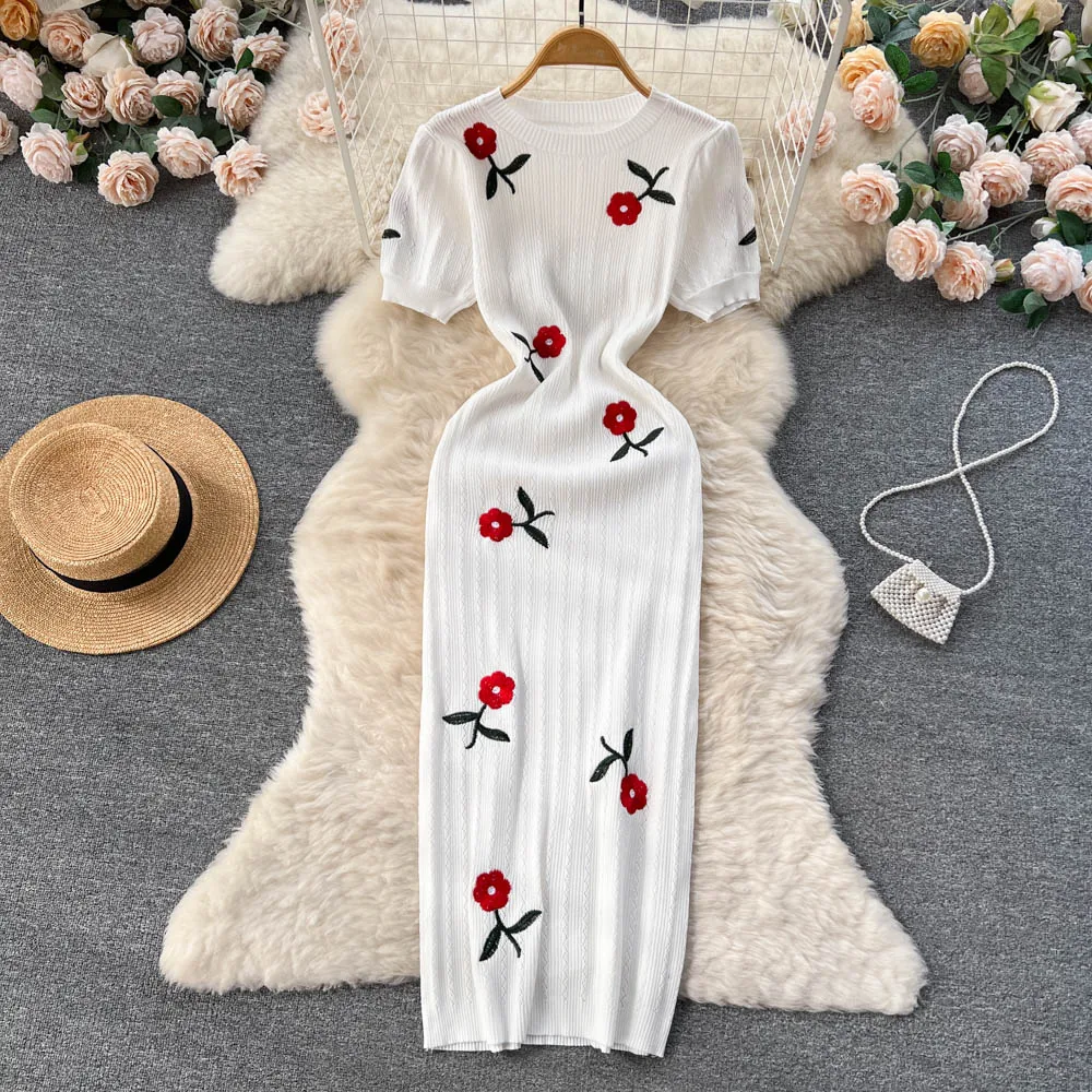 

Summer Embroidered Rose Knit Dress Women's New Fashion Round Neck French Short Sleeve Casual Clothes Vestidos De Mujer J380