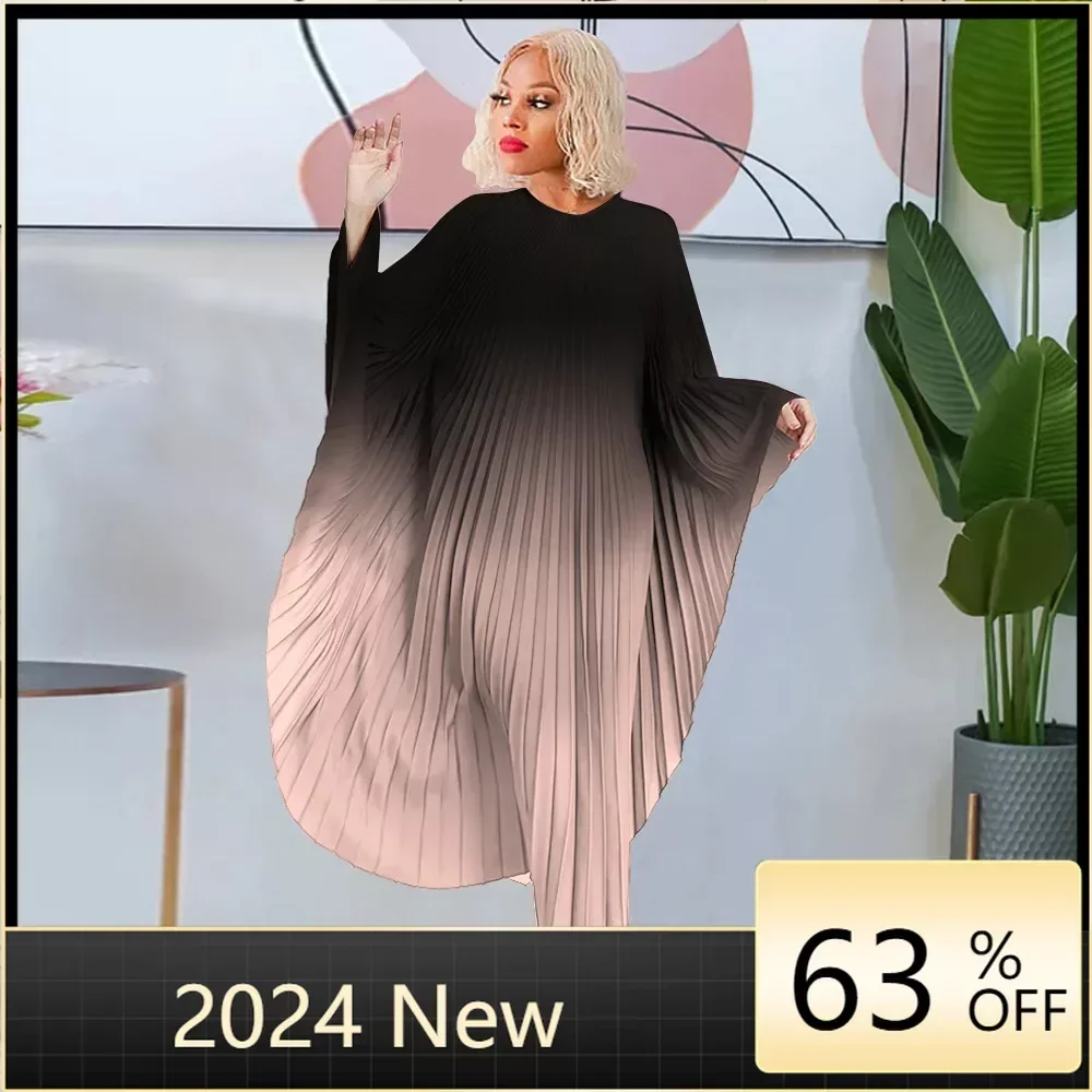 New autumn Pleated Long Dress Women Batwing Full Sleeve Gradient Loose Large Size Vintage Party Maxi Dress Vestidos 2024