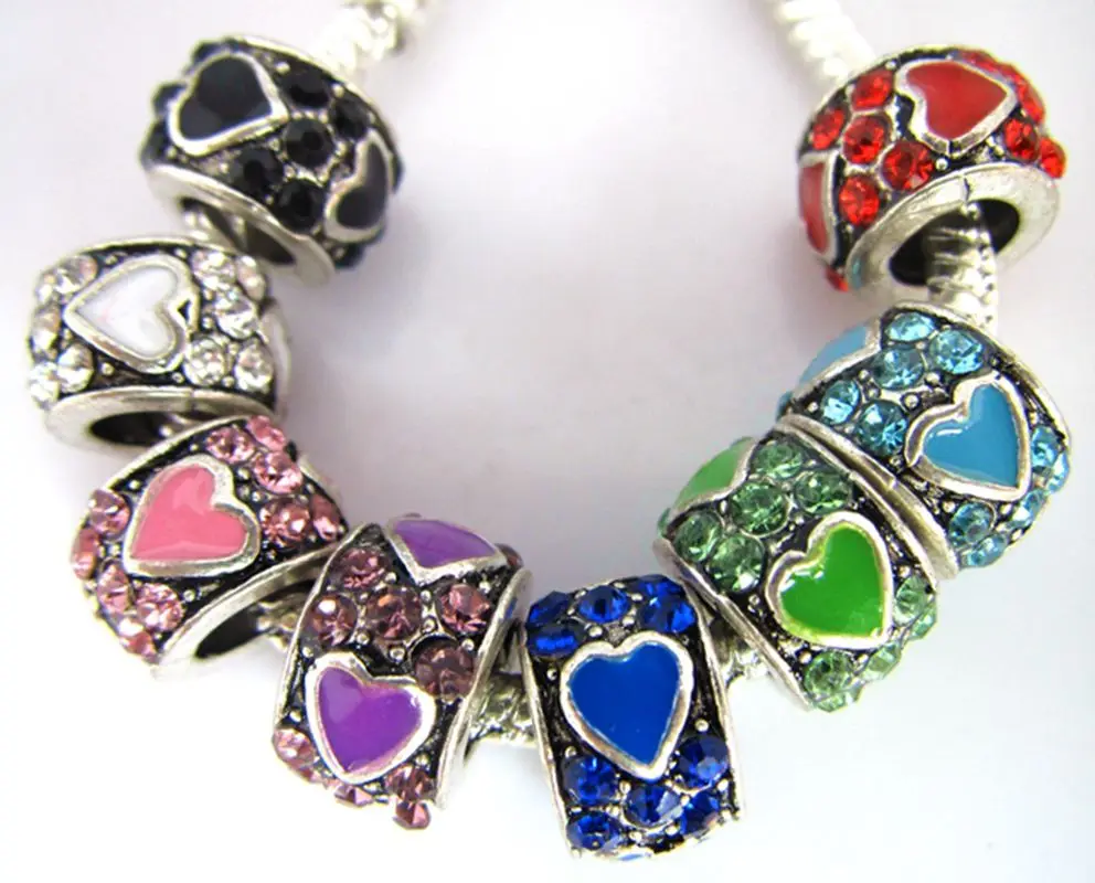 

New Fashion 30PCS Alloy Metal Rhinestone Enamel Heart Spacer Beads Fit European Charm Bracelet DIY,Women Jewelry FREE SHIPPING
