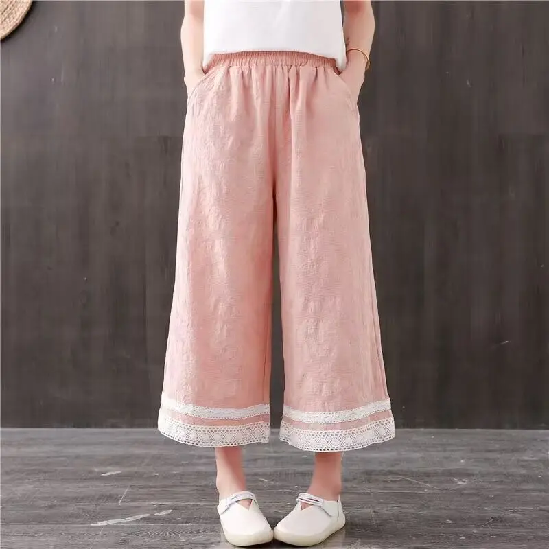 Women's Spring Autumn High Waist Pocket Cotton Linen Wide Leg Loose Retro Spliced Lace Hook Flower Hollow All-match Casual Pants
