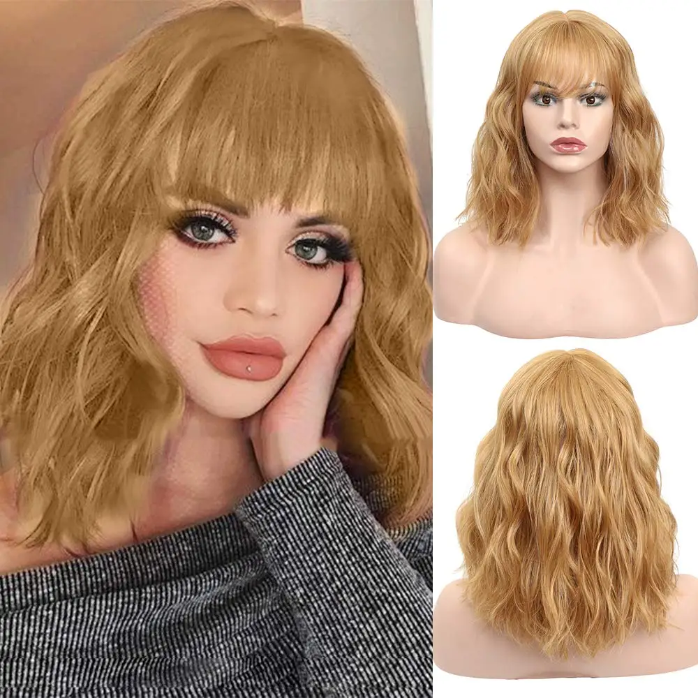 

Blonde Wigs with Bangs Medium Length Bob Curly Pastel Wigs for Women Natural Wave Shoulder Braided Wig Girls Cosplay Halloween