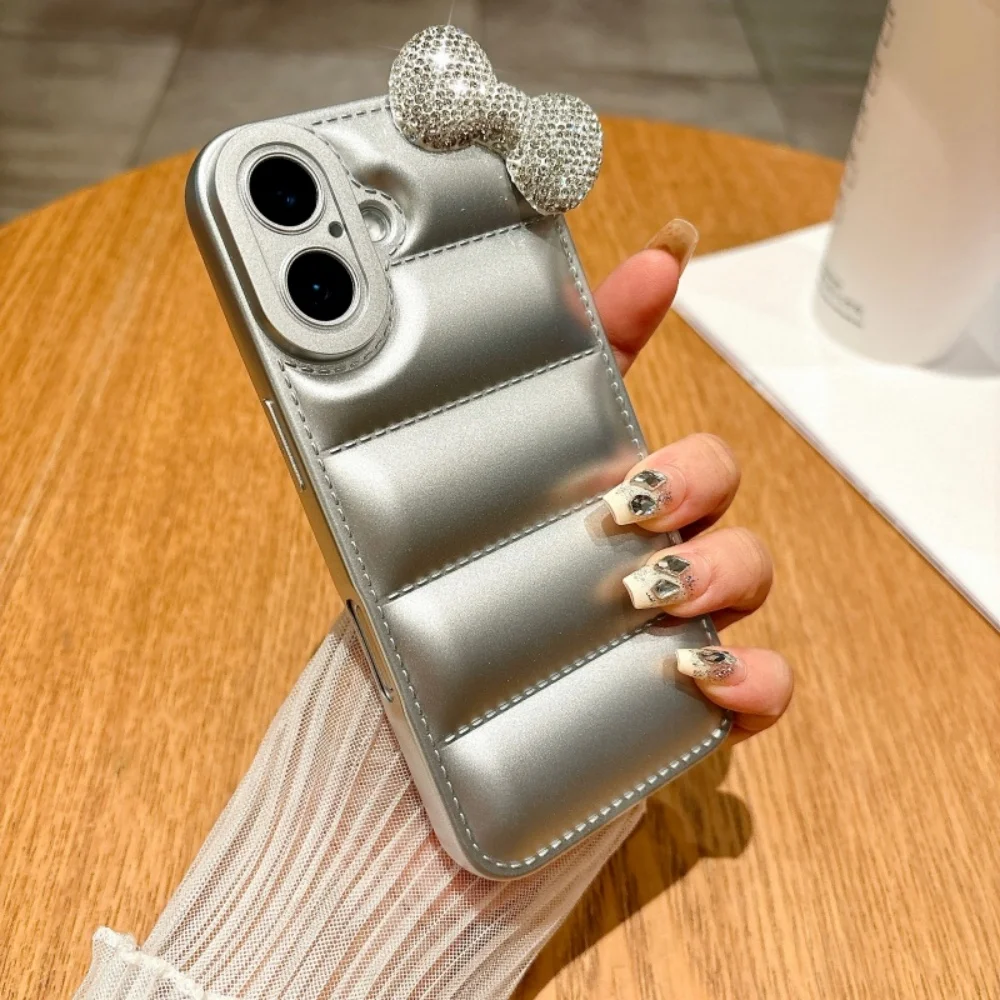 Luxury and Fashionable Diamond Bow Soft Down Jacket Phone Case