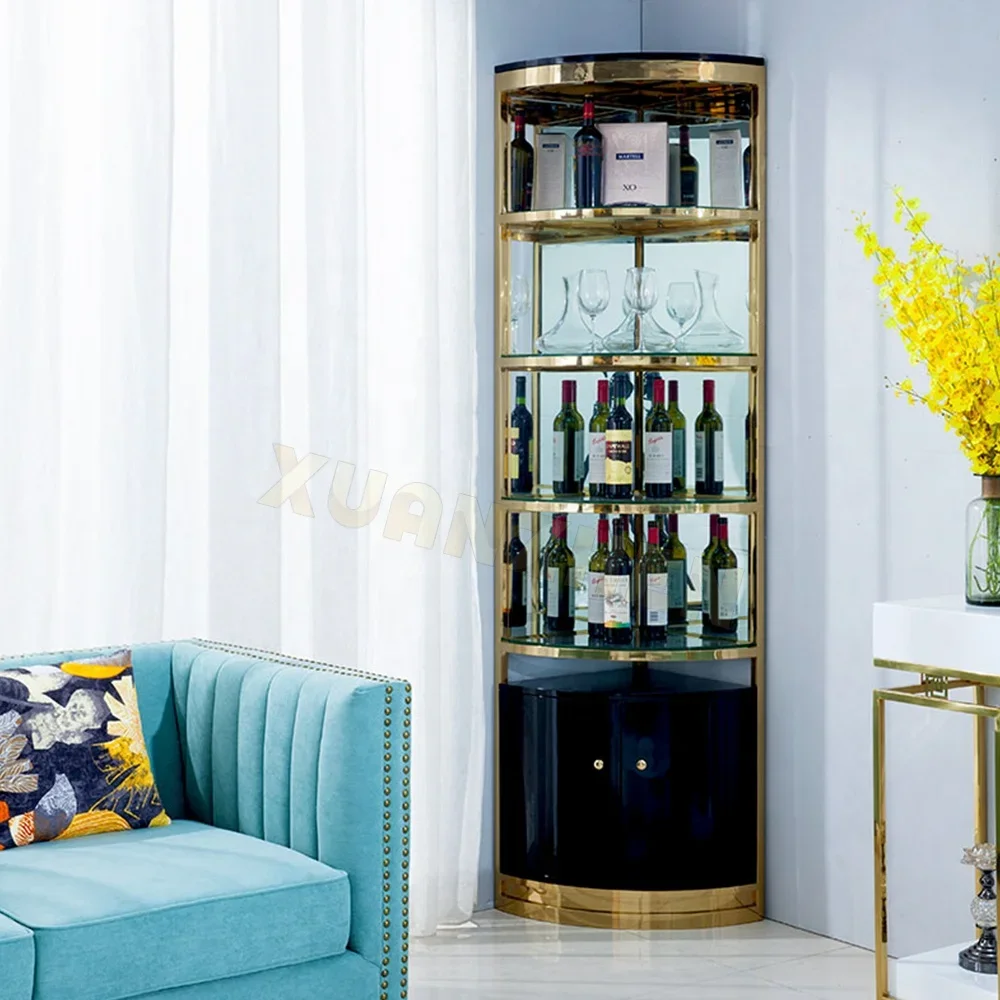 Modern Living Room Stainless Steel Metal Frame Wine Display Cabinet Luxury Double Door Glass Corner Bar Wine Storage Cabinet