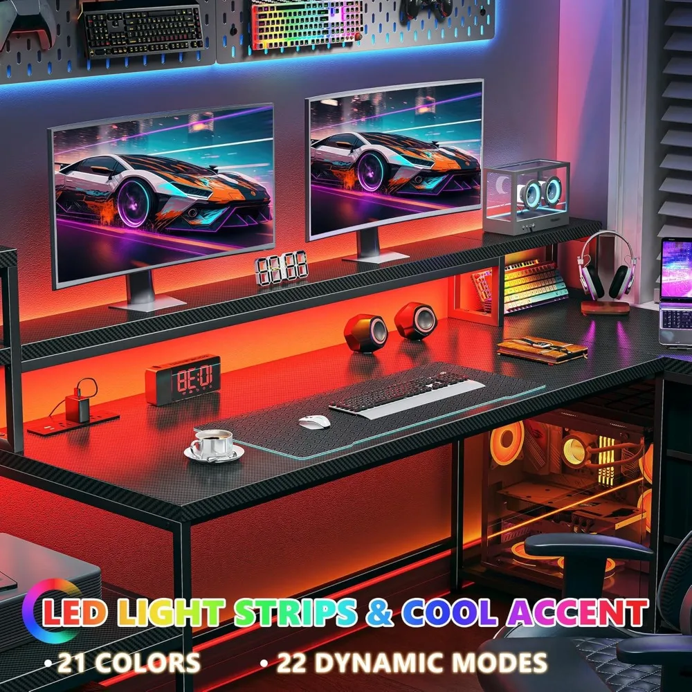 Gaming Desk with Power Outlet, Computer Desk with LED Lights, L Shaped Desks with Drawers, Reversible Home Office Desks 3