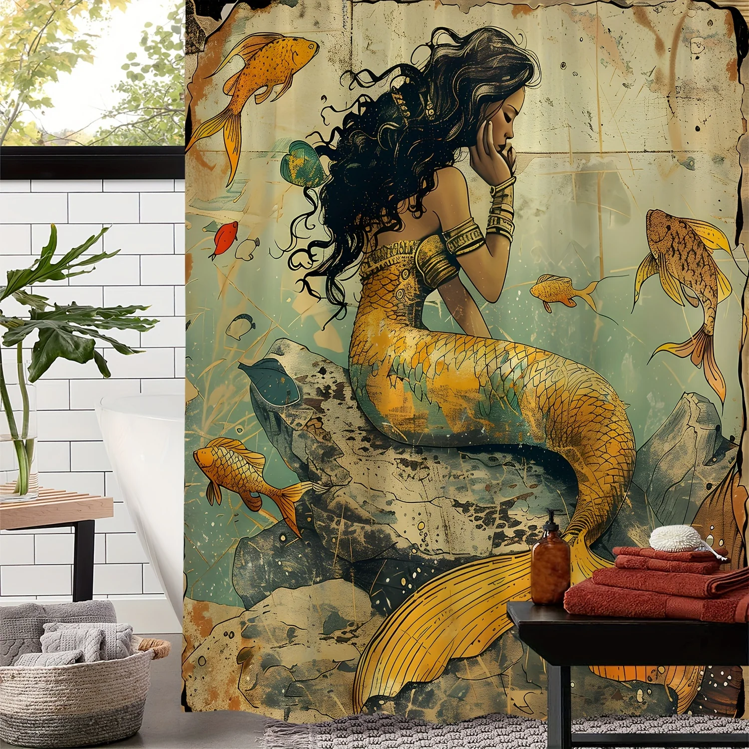 Enchanting Mermaid and Fish Waterproof Shower Curtain - Vintage Ocean Decor, High-Quality Fabric, Durable and Stylish 2