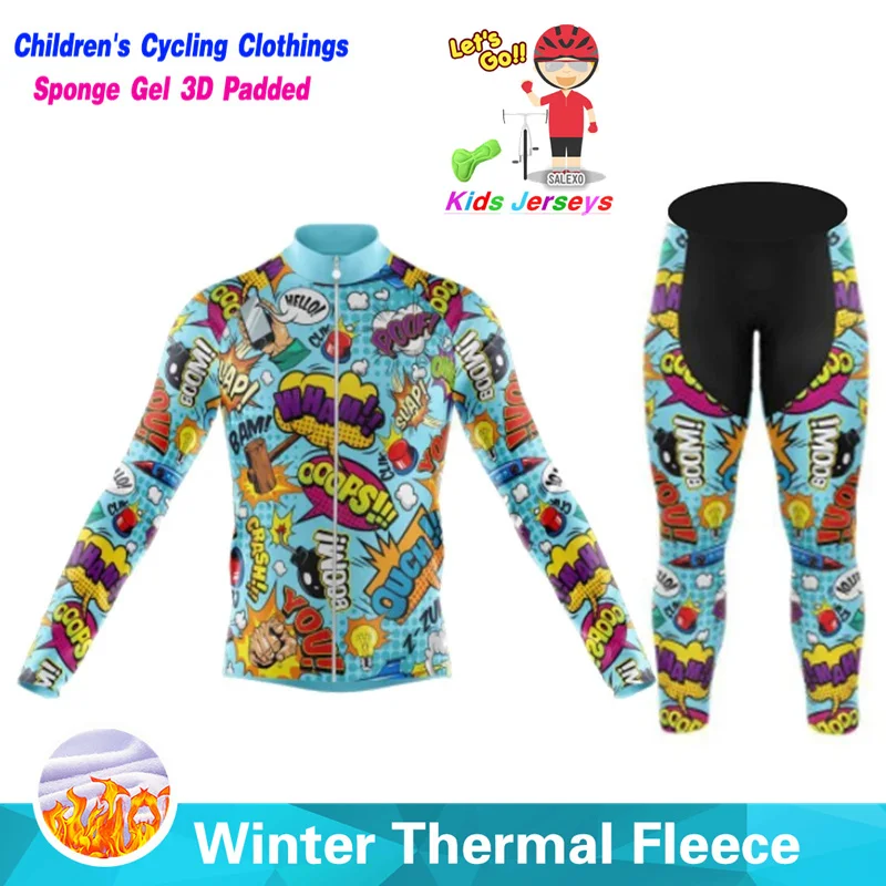 New Cartoon Kids Winter Cycling Jersey Set Children Thermal Fleece Racing Bike Cycling Suit Boy and Girls Clothing