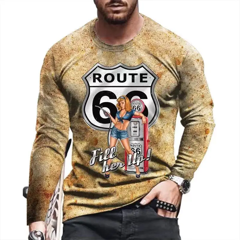 Autumn US66 Printed T-Shirt 3d Vintage Cotton Round Neck Street Pullover New 2022 Fashion Men'S Loose Long Sleeve T-Shirt 5xl