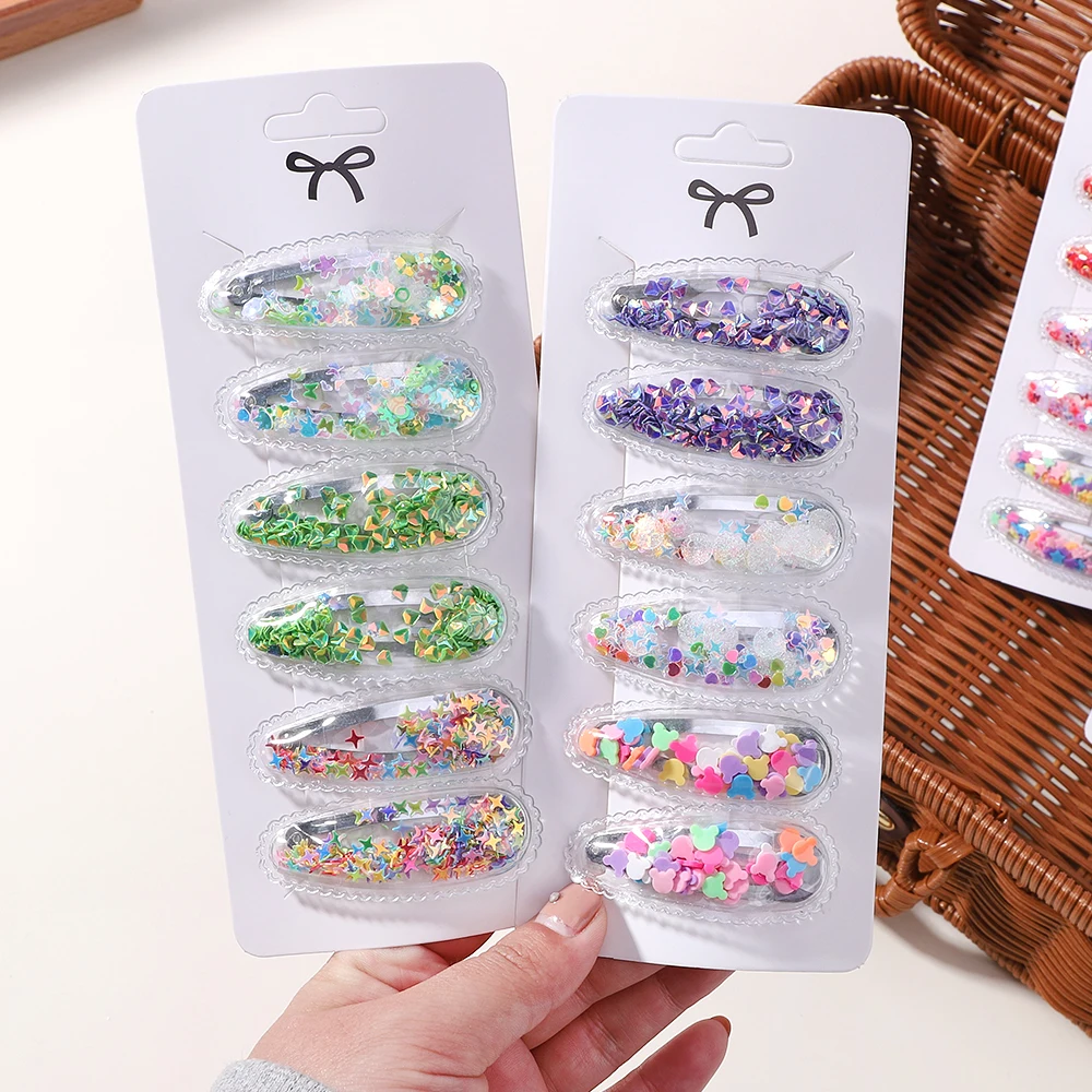 

6pcs/set Fashion Sequin BB Hair Clips Color Transparent Flowing Sand Bangs Hair Gripes Girl Cute Cartoon Kids Headwear Accessory