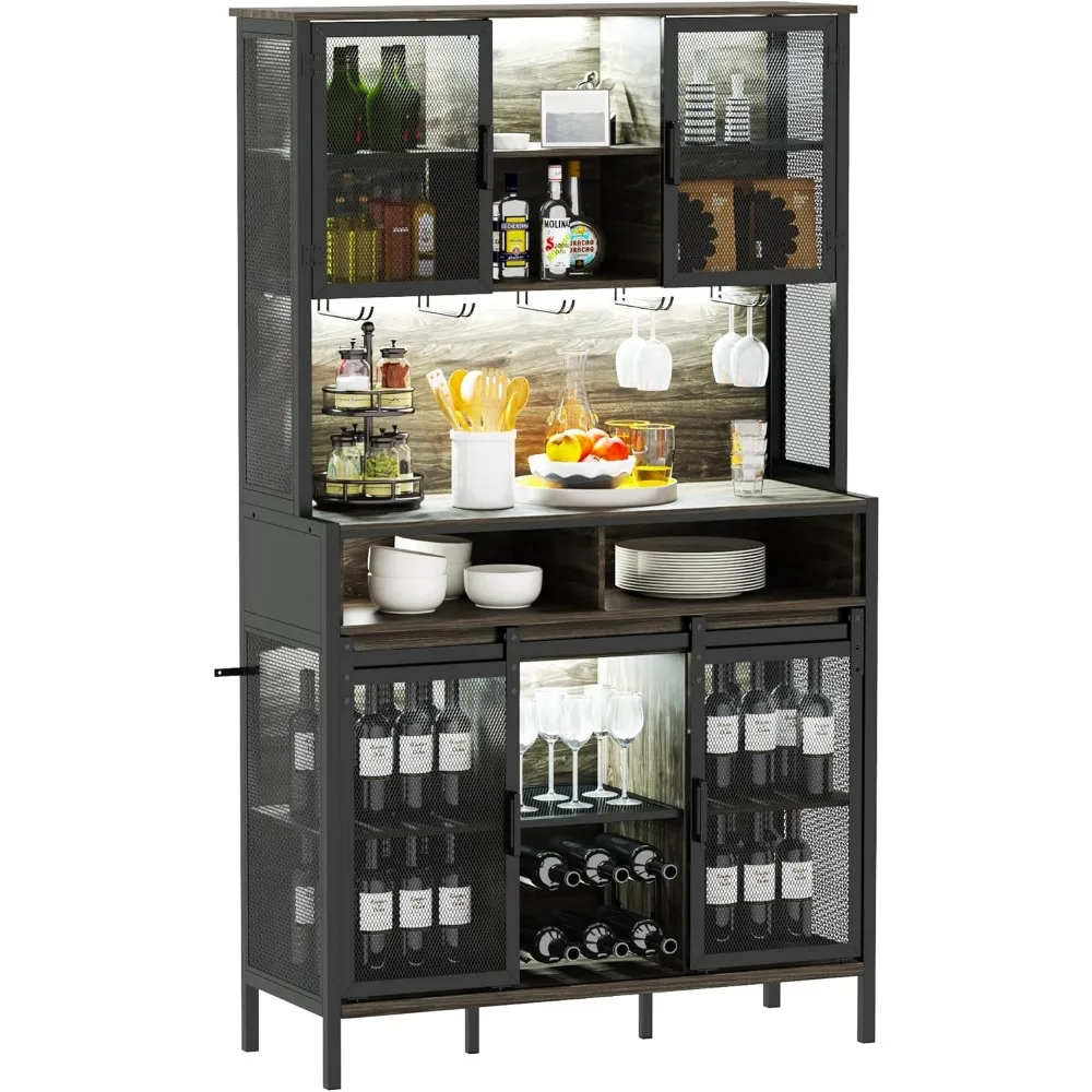 Bar Cabinet with LED Lights, 72" Tall Wine Bar Cabinet Liquor Cabinet with Sliding Barn Door and Glass Holder, Coffee Bar Statio 3