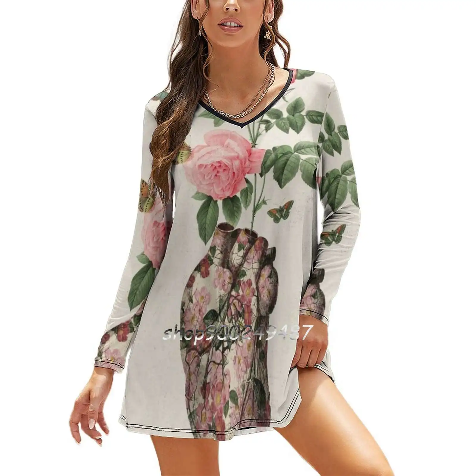

Love Slim Dress With Hollow Waist Autumn Winter Sexy V Neck Long Sleeve Dresses Heart Love Rose