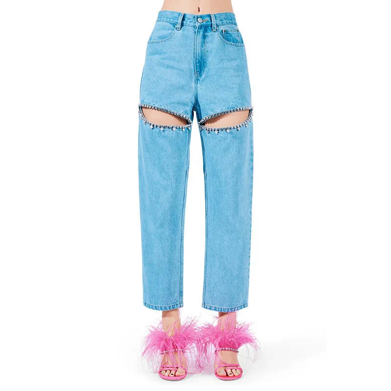 

New Women's High-Waisted Jeans Nine-Point y2k Fashion High Street Diamond-Studded Hollowed Out Straight Leg Pants Spring Summer