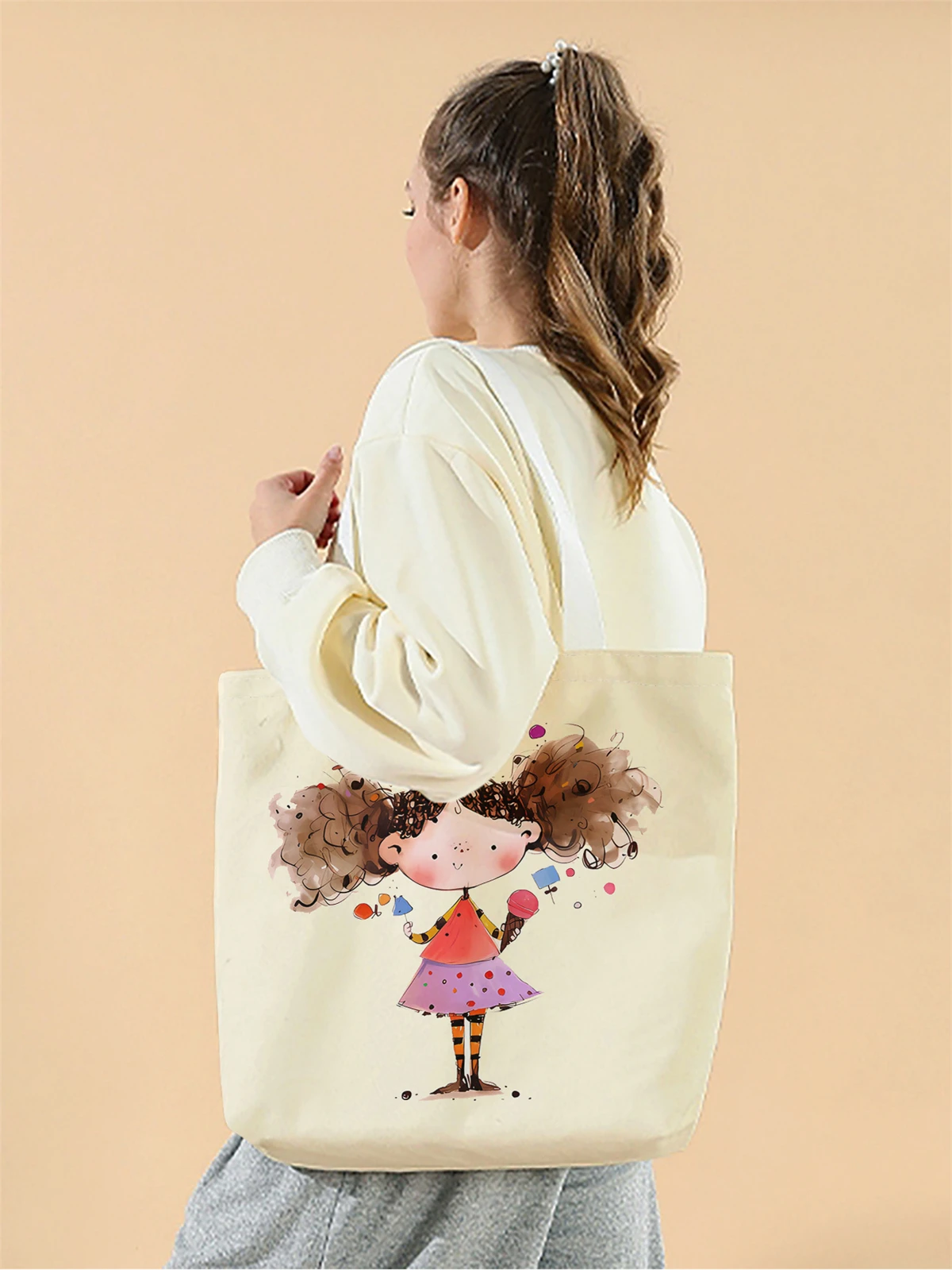 1pc,cartoon girl handbag, reusable fashionable handbag, multifunctional handbag, printed canvas shopping bag