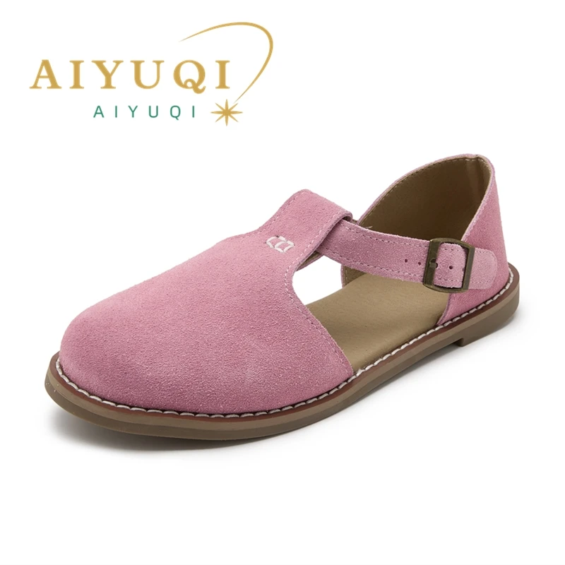 AIYUQI Retro Frosted Leather Women's Roman Sandals - Flat-Soled Hollow Design