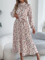 Floral Stand Up Collar Bridesmaid Dress 2026 Spring Summer Elegant Long Sleeve Waist Cinched Pleated Dresses Valentine's Day