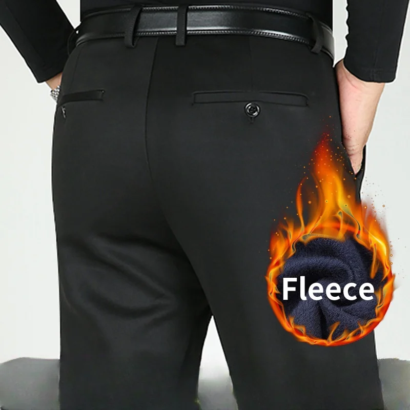 Thicken Fleece Winter Fashion Suits Pants Men Straight Stretch Warm Dress Trousers For Male Khaki Black Office Formal Pants 3