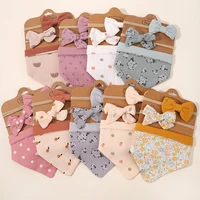 3Pcs/Set Muslin Cotton Print Bib Newborn Bows Headband Triangle Saliva Towel Infant Boy Girl Feeding Burp Baby Hair Accessories
