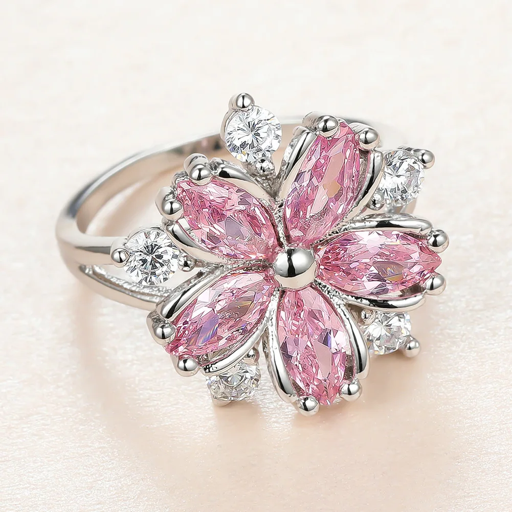 Bague en pierre de cristal rose pour femme, breloque haut de gamme, matiques de mariage fines pour femme, fleur de mariée délicate, bague de fiançailles mignonne