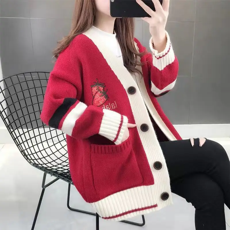 여성 루즈한 망사 레드 니트 가디건 코트, 한국 에디션 아우터, 느긋하고 패셔너블한 스웨터, 2023 가을 겨울 신상