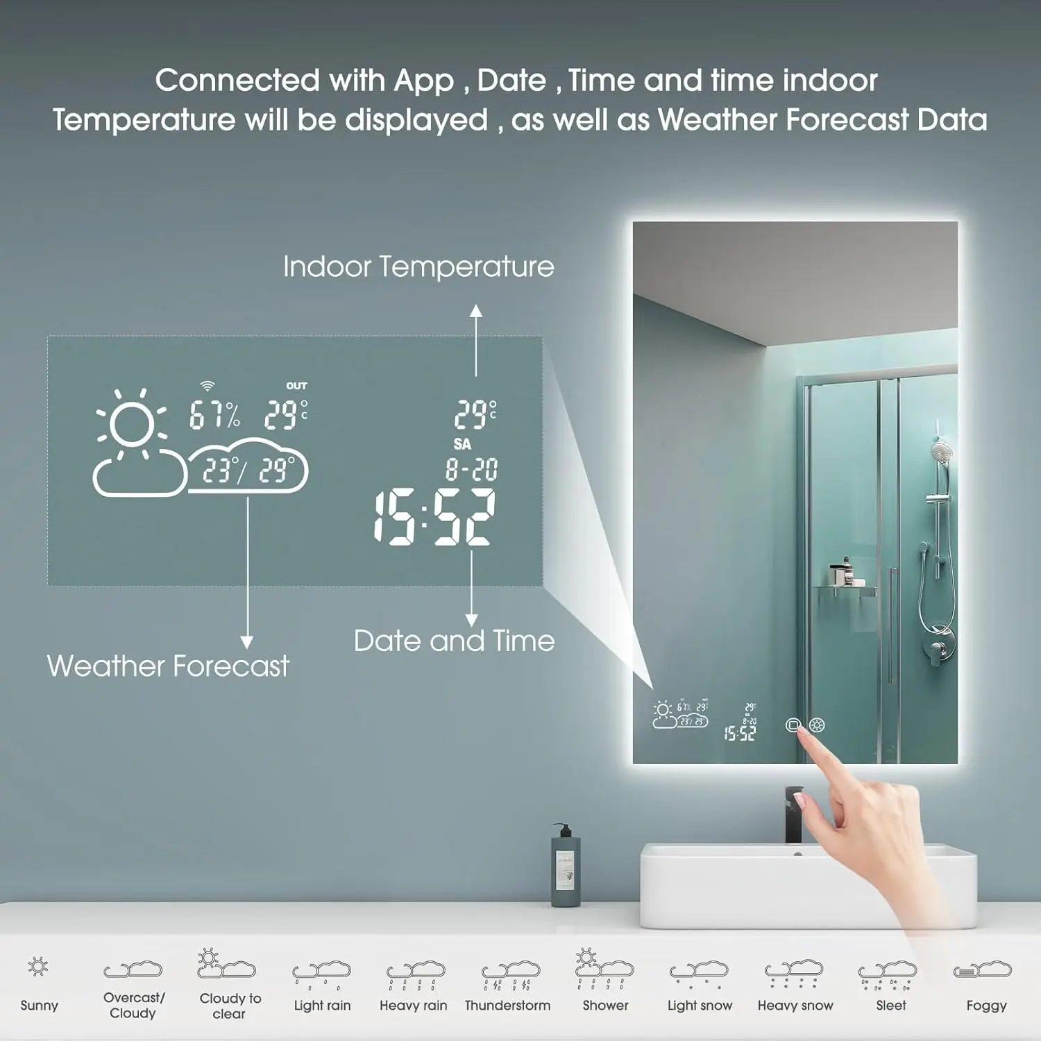 Smart Bathroom Mirror with Bluetooth 24&rdquo;X 40&rdquo; WiFi Enabled Weather Display Fog Free Backlit Frameless Brightness Adjust Memory
