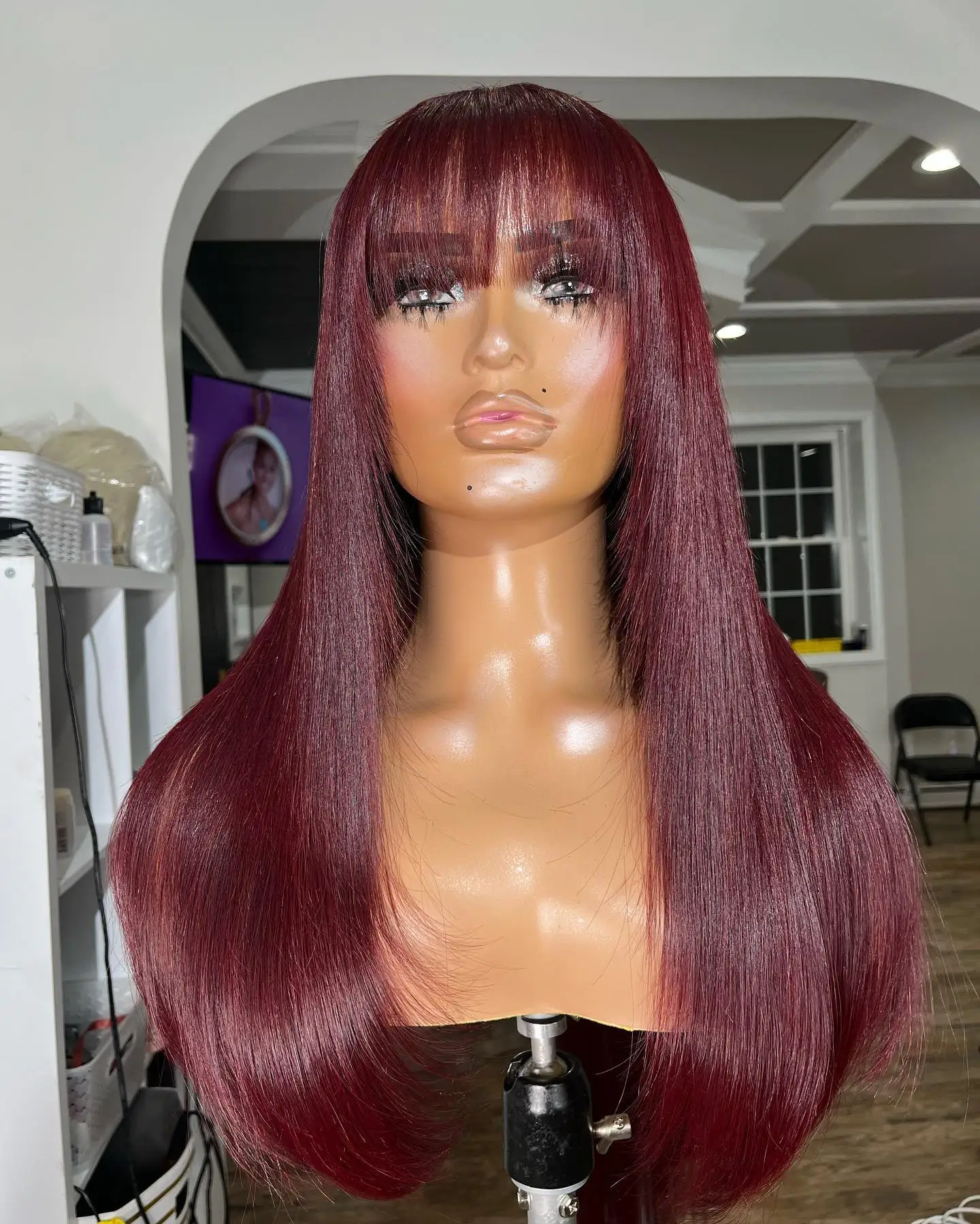 99j Burgundy Red Straight Wig With Bangs Fringe Human Hair Wigs For