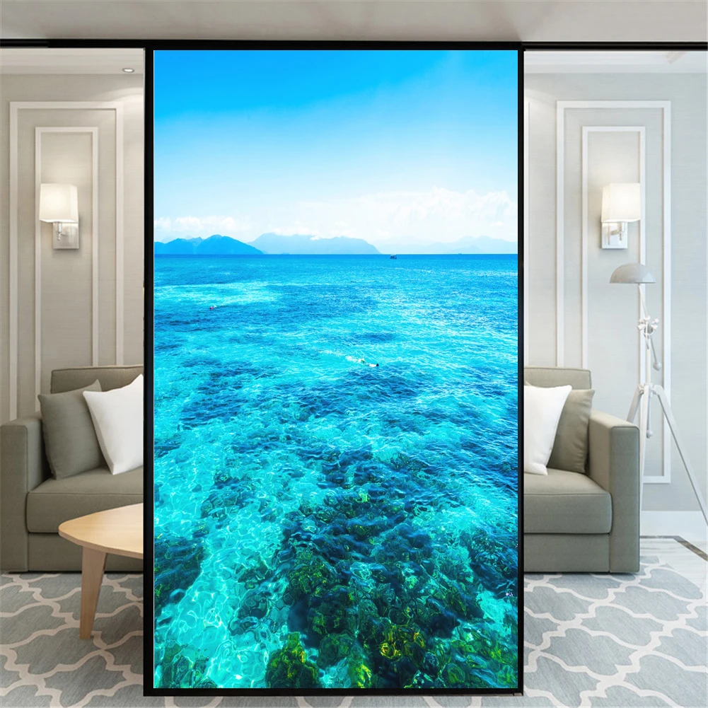 

Privacy Window Film Static Cling No Glue Decorative Seaside Scenery Window Treatments Window Coverings Glass Sticker for Home 38