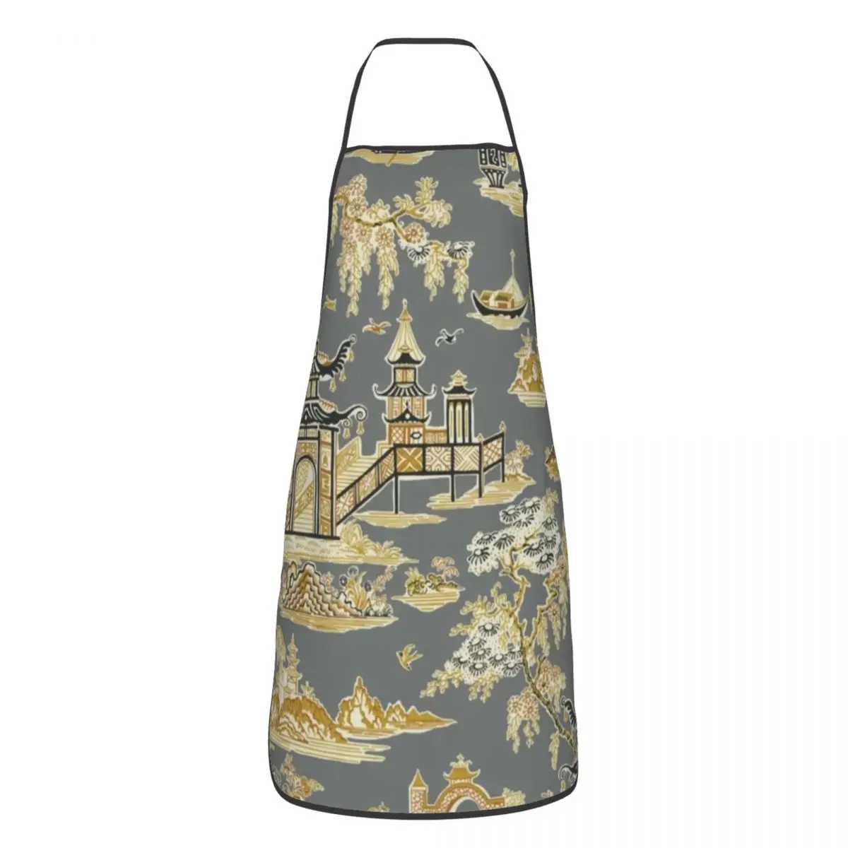 

Vintage Gray And Gold Chinoiserie Apron Kitchen Chef Cooking Bib Men Women Pagoda Garden Teahouse Tablier Cuisine for Painting