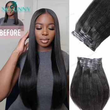 Yaki Straight Seamless Clip In Human Hair Extensions PU Clip Ins Yaki Human Hair Wholesale Burmese Clipin Hair Extensions 1